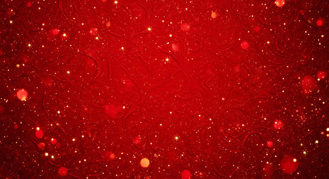 Elegant Red Glitter Background with Golden Bokeh Stars and Ornate Swirl Textures