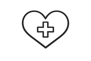 Obraz premium A minimalist black line art icon featuring a heart shape with a medical cross symbol in the center, representing healthcare, medicine, and wellness on a neutral background.