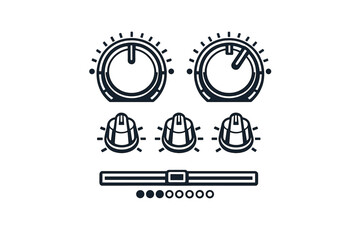 Obraz premium This minimalist black and white graphic shows a collection of control dials, knobs, and a slider. It represents an abstract audio interface or electronic control panel with clean lines.