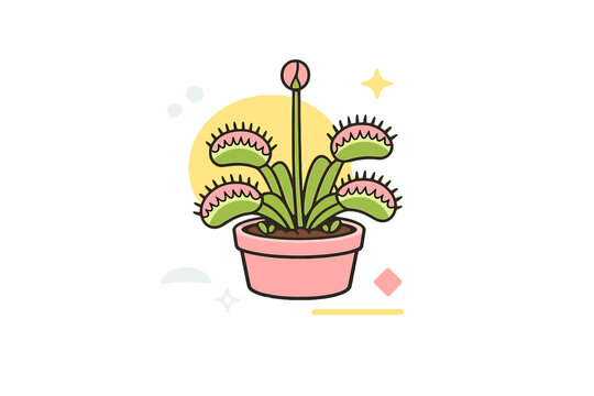 A flat vector illustration of a Venus flytrap plant with four traps and a central flower bud in a pink pot, set against a black background with a yellow circle and decorative shapes.
