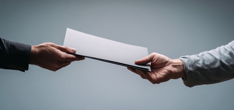 Businessmen hands exchanging document or contract over neutral background