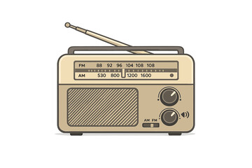 A flat illustration of a vintage portable radio with an antenna, tuning dial, and speaker grille. The retro device features AM and FM bands on a beige body against a black background.