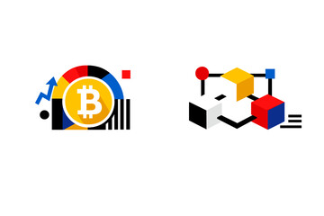 This graphic features a Bitcoin coin icon with an upward arrow and a series of linked 3D cubes symbolizing blockchain technology, set against a solid black background.