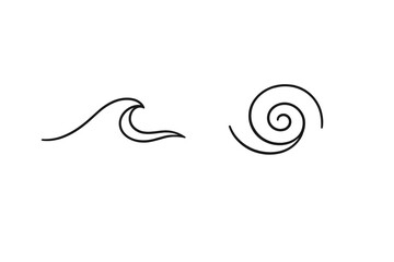 Fototapeta premium A minimalist black and white illustration featuring two simple line art symbols: a stylized ocean wave on the left and a circular spiral or swirl design on the right side.