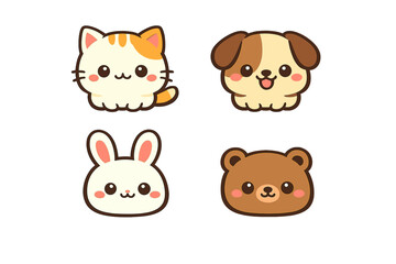 A set of four cute cartoon animal characters including a cat, a dog, a rabbit, and a bear. These kawaii illustrations feature simple shapes and soft colors on a solid black background.