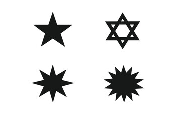 Obraz premium This image features four distinct black star symbols arranged in a grid on a plain white background, showcasing various point counts and geometric designs for graphic use.