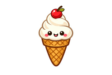 This kawaii style illustration features a happy vanilla ice cream cone with a smiling face and pink cheeks. A bright red cherry with a green leaf sits atop the swirl on a black background.