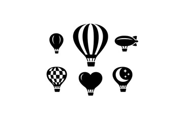 Obraz premium A collection of minimalist white line art icons depicting various hot air balloons and a blimp against a solid black background. The set includes different styles and sizes of aircraft.