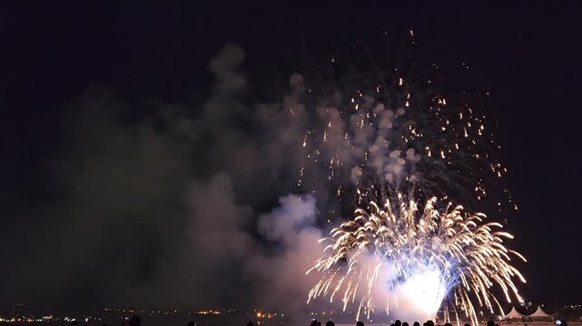 Night sky filled with large fireworks display emitting smoke, watched by distant crowd