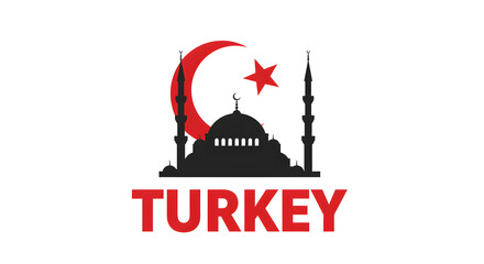 Silhouette of a mosque, Crescent and star symbol representing Islamic culture against a clean background with the word TURKEY