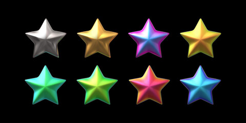 Obraz premium Star realistic 3D design vector set, colorful chrome space galaxy emoji, sparkle element, award festive Y2K decoration