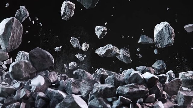 Asteroids and debris falling in zero gravity against a dark, cosmic background 4k video