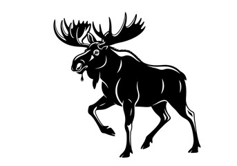 Obraz premium Black and white illustration of a moose with large antlers standing on all fours