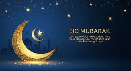 Elegant Eid Mubarak greeting card with golden crescent moon, star, mosque silhouettes, and night sky Ramadan background