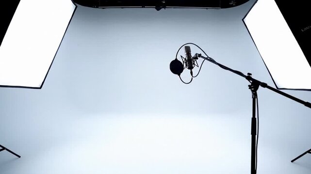 Professional video studio lighting and microphone setup on seamless backdrop, clean production workspace for filming and podcasts, calm minimal scene for media training