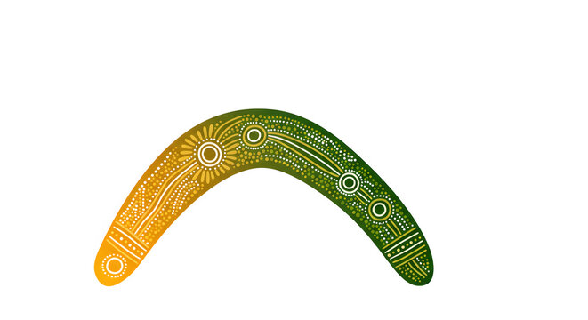 Boomerang's Colorful Dance: A vibrant boomerang, adorned with intricate traditional patterns, gracefully curves across the canvas, showcasing a blend of culture and craftsmanship.