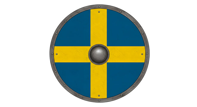 Viking Shield with Swedish Flag: A close-up view of a circular Viking shield with a striking Swedish flag design, featuring a prominent blue field and a bold yellow Nordic cross.
