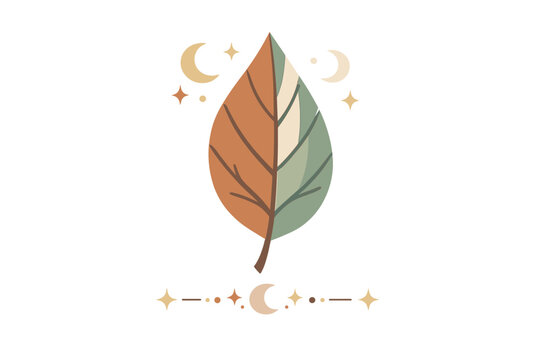 A stylized leaf illustration in earthy tones of terracotta and sage green, surrounded by celestial crescent moons and stars on a black background with a decorative border.