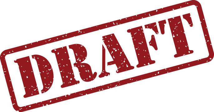 A distressed red rubber stamp impression clearly displays the word DRAFT in uppercase on a plain white surface