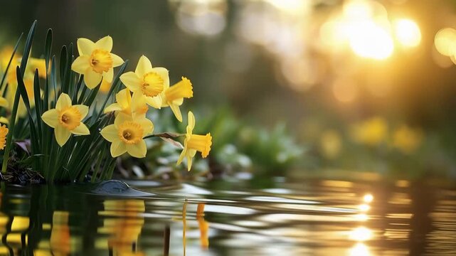 Close-up of yellow daffodils reflected in shimmering water at golden hour 4k video