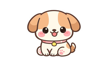 Fototapeta premium A cute cartoon puppy with white and brown fur sits against a black background. The small dog wears a pink collar with a gold bell and has large expressive eyes and a happy expression.