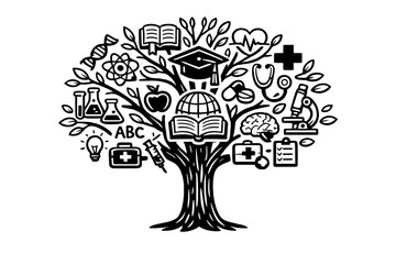 A white silhouette of a tree on a black background featuring various icons related to science, medicine, and education such as books, a microscope, and a graduation cap.