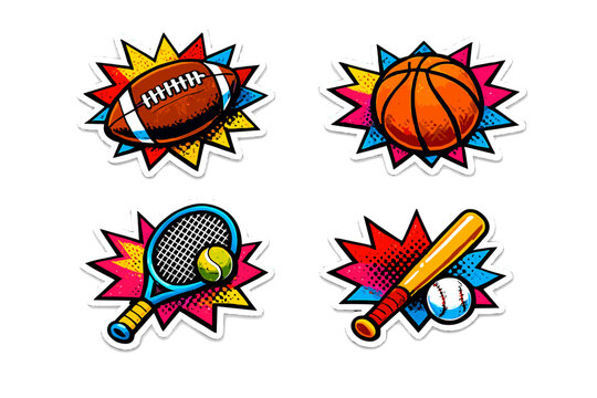 A collection of four vibrant pop art stickers featuring sports equipment like a football, basketball, tennis racket, and baseball bat against colorful comic book bursts.