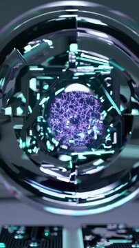 Glowing quantum core above circuit board, rotating glass sphere revealing pulsing lattice and crystalline geometry, teal and purple LED reflections on metallic surfaces, precision assembly