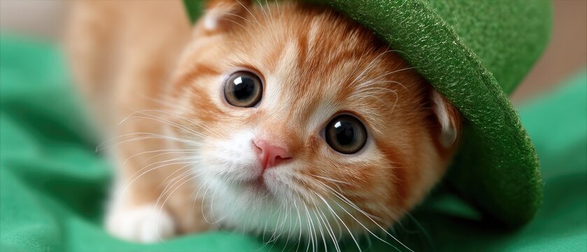 Cute Scottish Fold cat in a leprechaun hat on a green background for St. Patrick&rsquo;s Day celebration in a studio setting
