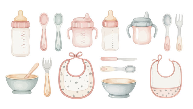 A charming watercolor collection of baby feeding essentials, including milk bottles, sippy cups, bibs, bowls, spoons, and soft pastel tableware.