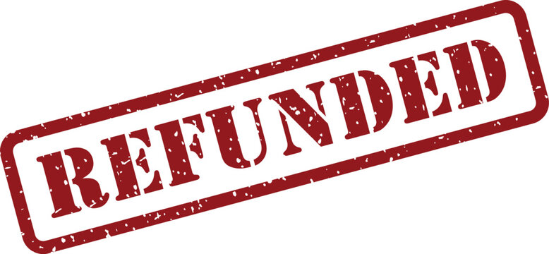 A red rectangular grunge rubber stamp with the word REFUNDED prominently displayed on a clean white background