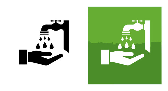 Hand under running water tap icon in black and green.