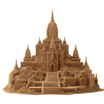 Intricate Sand Sculpture of a Temple Complex with Stairs and Spires isolated on a transparent background