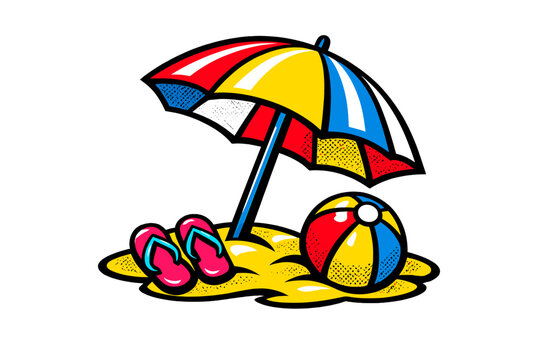 This vibrant pop art illustration depicts a sunny beach scene featuring a colorful striped umbrella, a beach ball, and pink flip-flops on a patch of sand against a solid black background.