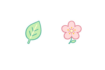 This minimalist illustration displays a single light green leaf and a small pink flower with a yellow center. Both elements are isolated on a solid black background in a cute style.
