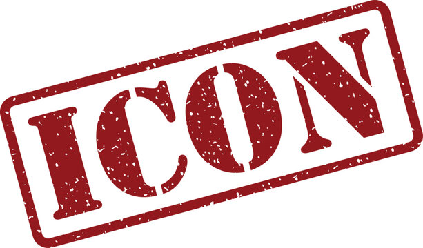 A striking red rubber stamp impression boldly displays the word ICON with a textured effect on a clean white surface