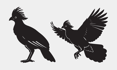 Obraz premium Silhouette of two curassow birds one standing still and other in flying pose isolated on white background, realistic vector illustration
