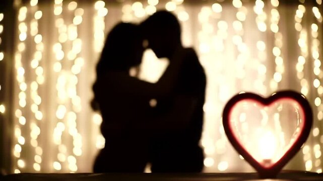 A romantic silhouette of a couple embracing with a glowing heart between them against a backdrop of string lights