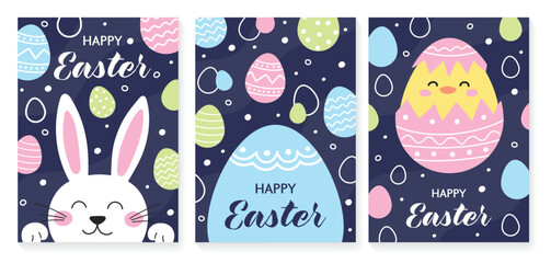 Collection of Easter greeting cards. Invitations with cute cartoon bunny, eggs and chicks. Vector illustration