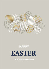 Easter greeting card with golden eggs in geometric pattern. Minimal design. Vector illustration