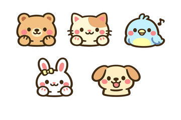A collection of five cute cartoon animal stickers featuring a bear, cat, bird, rabbit, and dog. Each character has a kawaii style with pink cheeks and thick outlines on a black background.
