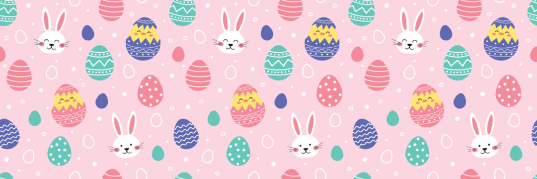 Colourful Easter seamless pattern with cute bunny, egg and chick. Set. Cartoon style background. Vector illustration