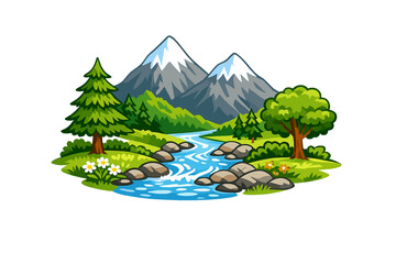 A vibrant cartoon illustration of a mountain landscape featuring a flowing blue river, snow-capped peaks, lush green trees, and colorful flowers on a grassy bank.