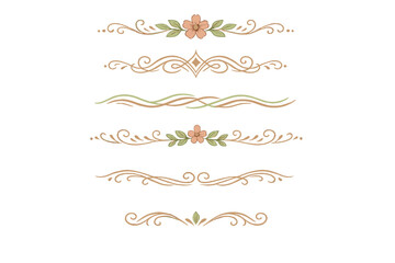 Obraz premium Six vintage-style ornamental dividers with floral motifs, scrolls, and flourishes in soft peach and green tones, presented as a set on a plain black background for design.