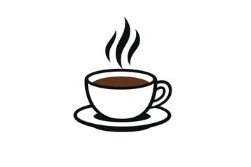 Fototapeta premium A simple illustration of a white coffee cup filled with dark brown liquid, sitting on a matching saucer with steam rising above it, set against a solid black background.