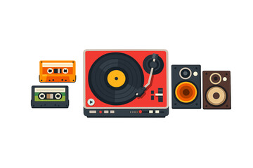 A flat vector illustration of vintage audio equipment including a red turntable with a vinyl record, two cassette tapes, and two speakers set against a solid black background.