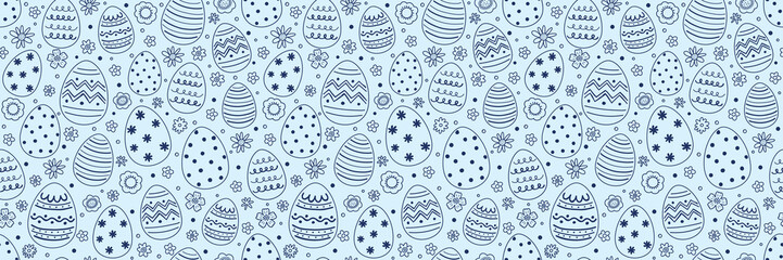 Colourful Easter texture in cartoon style. Hand drawn eggs and flowers. Doodle.  Vector illustration