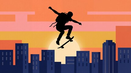 Silhouette of a skateboarder performing a trick in mid-air against a vibrant city skyline