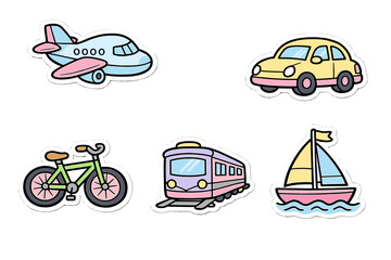 A collection of five cute transportation stickers featuring a light blue airplane, a yellow car, a green bicycle, a purple train, and a colorful sailboat on a solid black background.