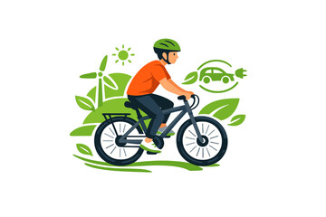Fototapeta premium A flat illustration of a person wearing a green helmet and orange shirt riding a bicycle. The background features eco-friendly symbols like a wind turbine, green leaves, and an electric car.